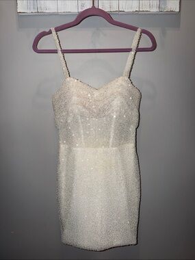 Angela & Alison Ivory Beaded Spaghetti Strap Wedding Sheath Dress